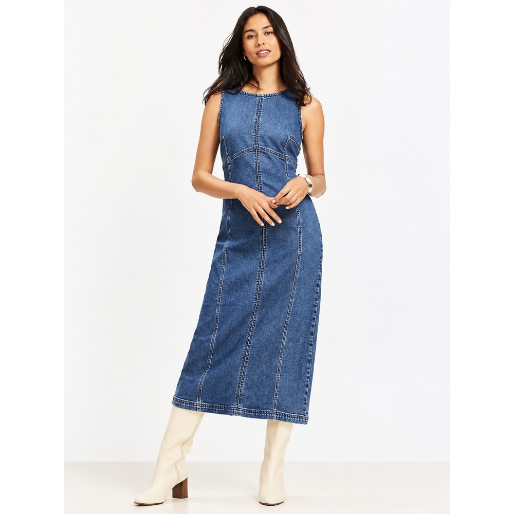 Loft Blue Denim Sleeveless Midi Dress 10 Stretch Fit Y2K 90s Minimalist Retro